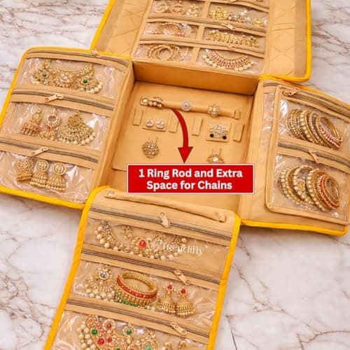 Trendifly silk Lucknowi Jewellery Organiser Box for women Necklace organizer pouches Travel Makeup Cosmetic Earrings Jewelry Storage box for Bridal Gifting (Bright Yellow) 3