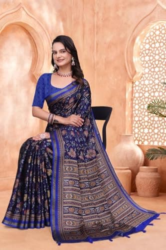 Women's Printed Saree with Decorative Border Ethnic Traditional Saree for Women Festive Party Casual Wear Saree with Unstitched Blouse Piece (ink blue) 3