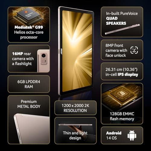 Acer Iconia Tab iM10-22 | 10.36" 2K IPS Display, Quad Speakers, Helio G99, 6GB + 128GB, 16MP Rear + 8MP Front Camera, Fingerprint Reader, Wi-Fi + 4G LTE(Calling), Android 14, Slim Metal Body, Gold 2