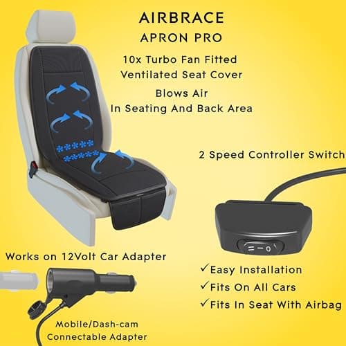 AIRBRACE Apron Pro (2025 Model) | 10x Inbuilt Fan Fitted Ventilated Seat Cushion | Cooling Seat Cushion | Car Accessory | Suitable for All Cars (Black) 2