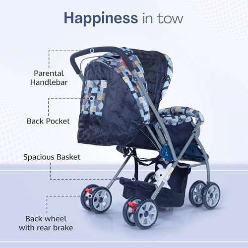 LuvLap Starshine Baby Stroller/Pram for 0 to 3 Years, New Born/Toddler/Kid, Lightweight,Adjustable backrest, 360° Swivel Wheel, Large Storage Basket, Reversible Handlebar (Blue) 5