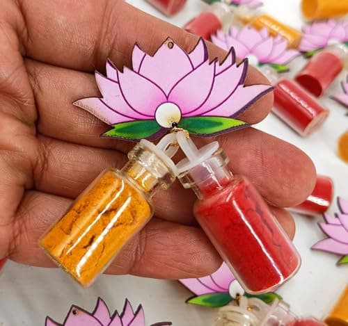 Sau Rang India Roli Haldi Gift, Pasupu Kumkum Gift Set in mini Glass Bottle | Thamboolam Return Gift for Wedding, Pooja, Diwali, Rakhi, Navratri, onam, pongal (Lotus Design mini 2ml Bottles), 20 pcs 4