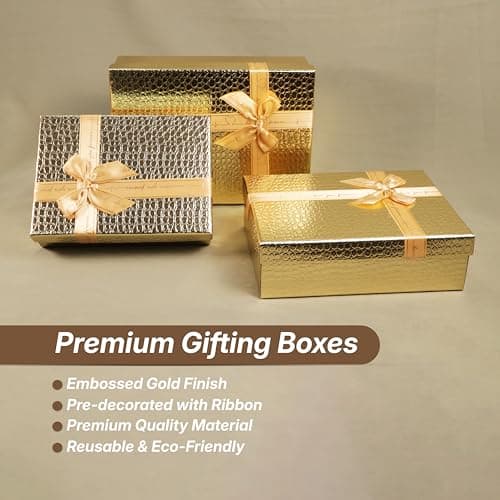 Art Street Foldable Cardboard Gold Finish Hamper Gift Box Set of 3, Multipurpose Gift Hamper Box For Special Occasions, Birthday, Wedding Gift Packaging (Gold, 6x9, 7x10, 8x12 Inch) 5