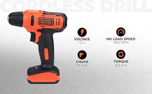 BLACK+DECKER LD12SP 12V 10mm Li-ion Cordless Variable Speed Reversible Drill Machine Driver with 10 Screwdriver & 2 Drill Machine Bits for Home & DIY Use, 1 Year Warranty, ORANGE & BLACK 2