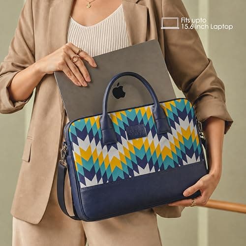 Chevron Laptop Messenger Bag for Men & Women | Upto 13 inch 8L | Lightweight Water Resistant | PU Leather & Velvet | Adjustable Sling & Multiple Organisers | Office Bag for Work & Travel (Blue) 5