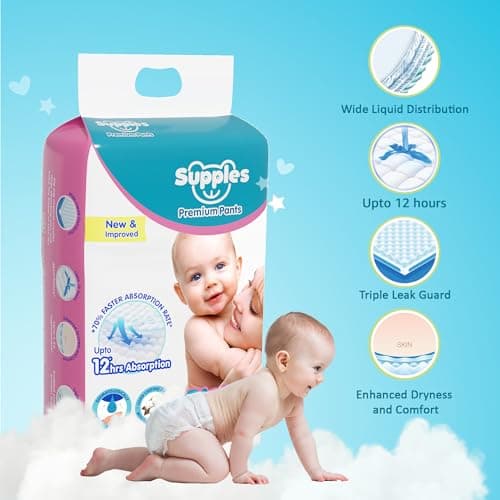 Amazon Brand - Supples Premium Baby Diaper Pants | 11 Baby Diapers | XL | 12-17 Kg | 12 Hrs Absorption | Cushiony Cotton Soft Fabric | Phthalates-Free | Triple Leak Guard 3