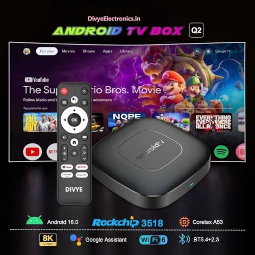 Divye Electronics Q2 Mini TV Box with with 8K Display,Bluetooth, Android 16, 4GB Ram 32 GB ROM, ROCKCHIP Quad Core Processor, Decoding,Support 2.4G WiFi 2