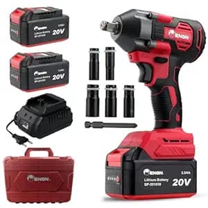 Enon 20V - 1/2" Cordless Impact Wrench Kit, 410Nm Torque, Powerful Motor, 2x3.0Ah Batteries, 5 Wrench Sockets, F/R, Brushless, Woodworking Tool, Drill, Screwdriver, 6 Month Warranty (XE-BL2032)