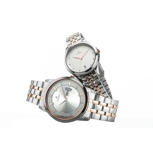 Titan Bandhan Quartz Analog with Day and Date Silver Dial Two Toned Silver and Rose Gold Stainless Steel Strap Watch for Couple - NT17742565KM01