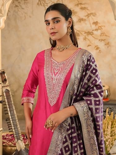 INDO ERA Women's Silk Blend Yoke Sequins Embroidered Straight Calf Length Kurta with Pant & Dupatta Set (Pink_IESTR10960_XX-Large) 3
