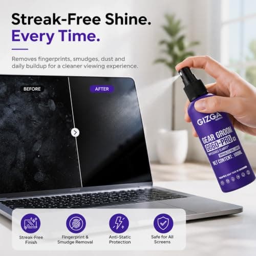 Gizga Pro Series 3-in-1 Laptop Cleaning Kit | 100ml Screen Cleaner Spray, Microfiber Cloth & Cleaning Brush | Alcohol-Free Laptop Screen Cleaner for PC, Mobile, TV, Camera Lens, Tablet & Keyboard 3