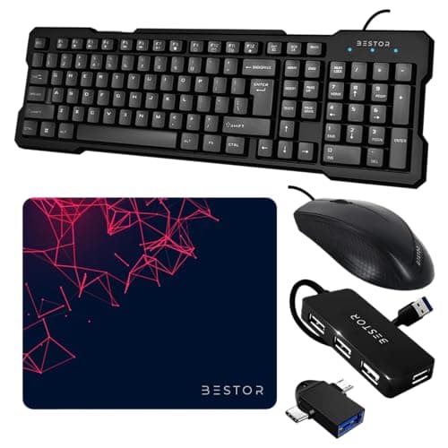 Bestor Set of 5 Combos of USB Wired Keyboard, Wired Mouse, Mouse Pad Base Waterproof, Type A to Type C OTG Adapter & 4 Port USB HUB for PC, Laptop, Computer