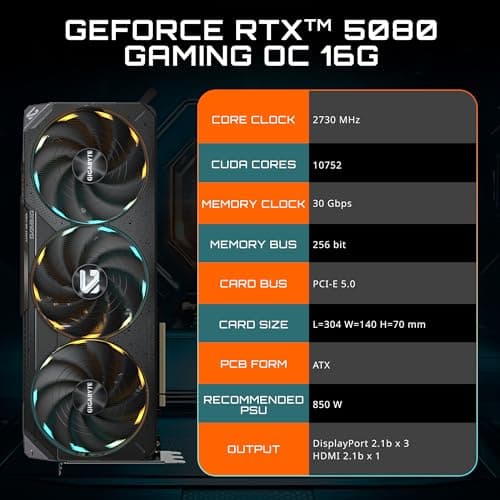 GIGABYTE Geforce RTX 5080 Gaming OC 16G Graphics Card, WINDFORCE Cooling System, 16GB 256-Bit GDDR7, pci_e_x16 GV-N5080GAMING OC-16GD Video Card 2