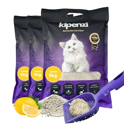 Kipenzi Bentonite Cat Litter- White Bentonite Cat Litter | Strong Clumping | 99.9% Dust-Free | Easy to Scoop | Natural Formula | Superior Odor Control | Lemon Scent 15 Kgs (3 Packs of 5 Kg)