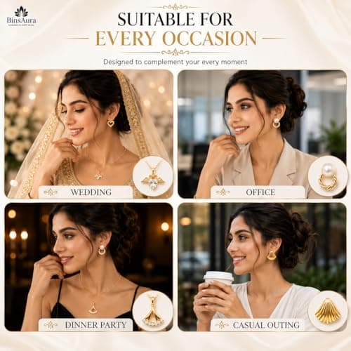 BinsAura 12 Piece Jewellery Gift Set for Women with Premium Jewellery Box | 9 Korean Stud, Hoop & Drop Earrings + 3 Pendant Necklace Set | Fashion Jewellery Combo for Girls | Birthday, Anniversary, We 4