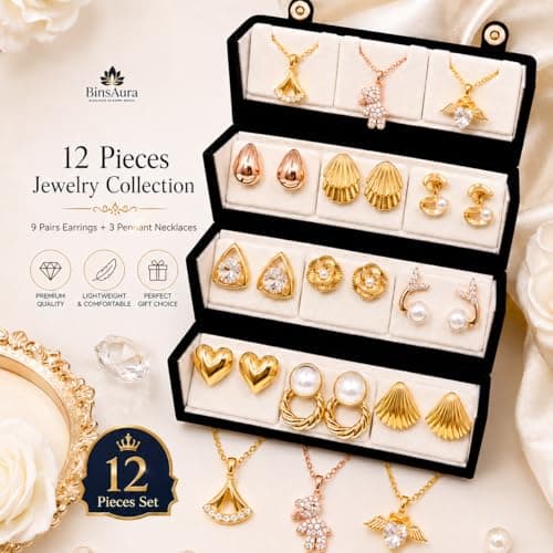 BinsAura 12 Piece Jewellery Gift Set for Women with Premium Jewellery Box | 9 Korean Stud, Hoop & Drop Earrings + 3 Pendant Necklace Set | Fashion Jewellery Combo for Girls | Birthday, Anniversary, We 5
