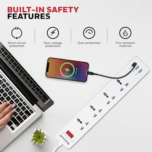 Honeywell 4 Outlet Extension Board with Master Switch, 6 Amps, 250V, 3xUSB, 4 International Sockets, Pure Copper, 6 Advanced Safety Features, 2 Mtr Power Cord, BIS Certified, 1 yr Warranty 4