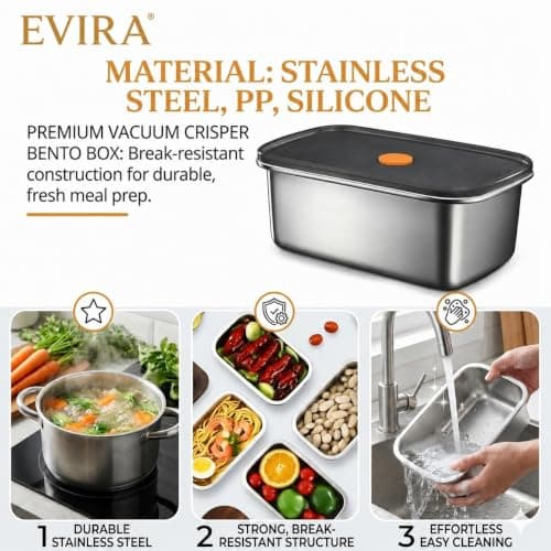 EVIRA 316 Stainless Steel Fridge Storage Box Set– 1500 ML (Pack of 6) Premium Food Grade & Leakproof Container | Airtight Locking Lids | Microwavable, Freezer & Dishwasher Safe Kitchen Organizer 4