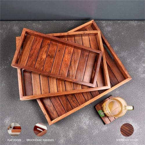 Creation India Craft Sheesham Wood Serving Trays for Dining Table Rectangle Shape Tray for Breakfast Coffee Serving Tray Set of 3 Simple and Looking for Home Decoration 5