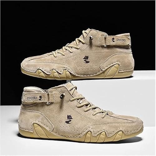 Zixer Men's Italian Suede Leather Velcro Sneakers - Comfortable Casual Walking Shoes with Laces Up, Soft AIR Mix and Non-Slip Sole for Everyday Wear Beige 5