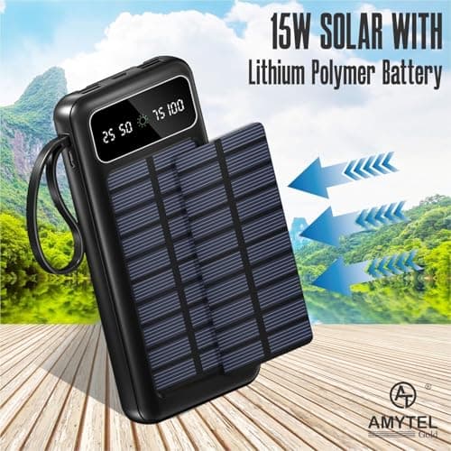AMYTEL 10000mAh Solar Power Bank with Built-in Type-C & Lightning Cable, LED Flashlight, Fast Charging Portable Charger for Mobile – Black 3