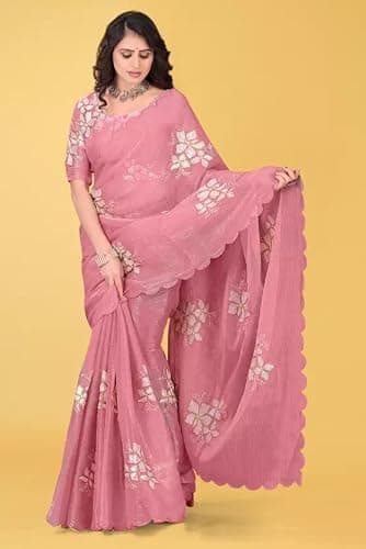 Women's Elegant Saree with Floral Embroidery, Traditional Indian Ethnic Wear For women (pink) 5