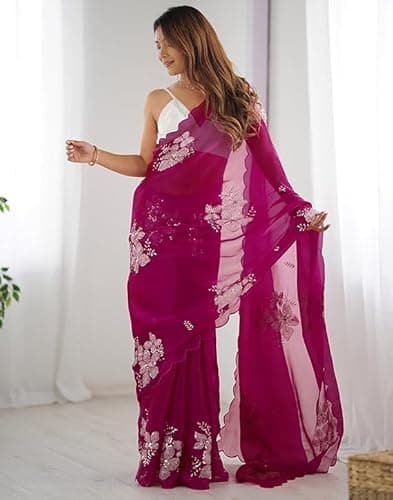 Flosive Women's Shimmer Organza Sequence Embroidery Saree With Unstitched Blouse Piece (PURPLE) 5