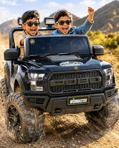 Wishmaster Driving 4 Motors with Bluetooth EV Jeeps for Kids 1, 2, 3, 4, 5, 6 Years | Remote + Steering + Mobile App Control | Ride on Car | Birthday Gift (Black)