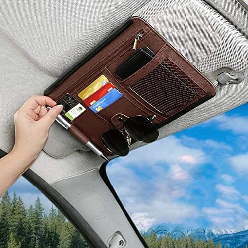 HSR Car Sun Visor Organizer, Sunglass Pen Card Small Document Storage Pouch Holder, PU Leather, Multi-Pocket with Zipper Net (Brown)