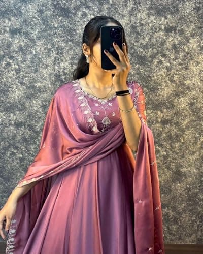 Dhanushlifestyle Women Dress | Jumpsuit | Jumpsuits for Women Stylish Mauve Satin Anarkali Gown Dress with Embroidered Yoke, Flared Floor Length Ethnic Dress (in, Alpha, S, Regular, Pink) 2