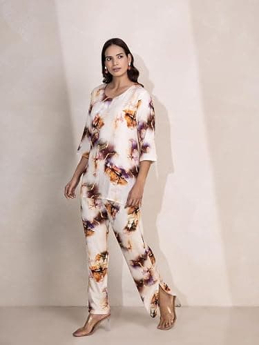 TITTLI Rayon Fabric All Over Printed Mandarin Collar Tunic & Trouser Co-Ord Set for Women | Three-Quarter Sleeves & Elastic Waist Bottom | Casual Wear | L, XL, XXL, 3XL | Co-Ord Set 4