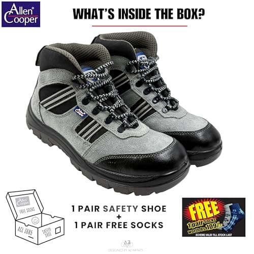 Allen Cooper AC-1157 Hi-Ankle Leather Safety Shoe (Size 9 UK/India) Grey 4