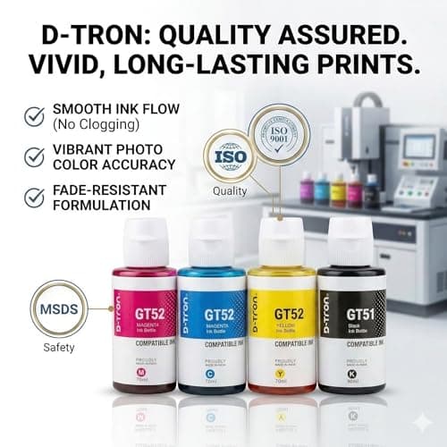 D-tron GT51 GT52 Compatible Ink Refill Bottles, for HP Ink Tank 310, 315, 410, 415, 500, 530,615, 5810,5811, 5820 Black 90ml and Cyan, Magenta, Yellow 70ml, for HP Ink Tank 5