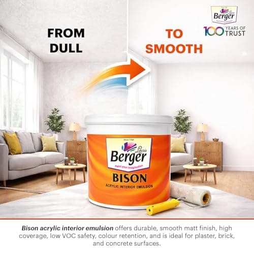 BERGER Bison Interior Emulsion Paint for Walls and Ceilings with Anti-Fading Properties Acrylic Based Washable & Durable Rich Smooth Matt Finish (1Ltr, White) 5