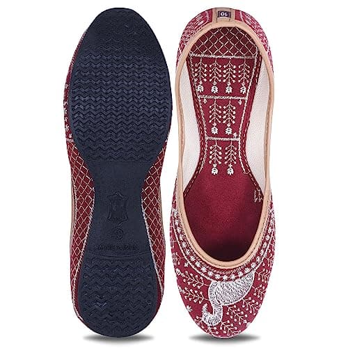 IndieStride Women Ethnic Rajasthani Embroidery Punjabi Mojari's Shoe Juti Jutti’s, Color - Red, UK Size - 9 4