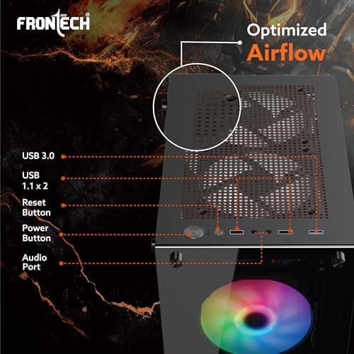 FRONTECH Xylo Gaming Computer Cabinet with HD Audio | ATX Compatible with Tampered Glass Side Panel and Bottom SMPS Dock | 3x120 mm RGB Fan with Dust Filter, USB 3.0, 2xUSB 1.1 (FT4285, Black) 5