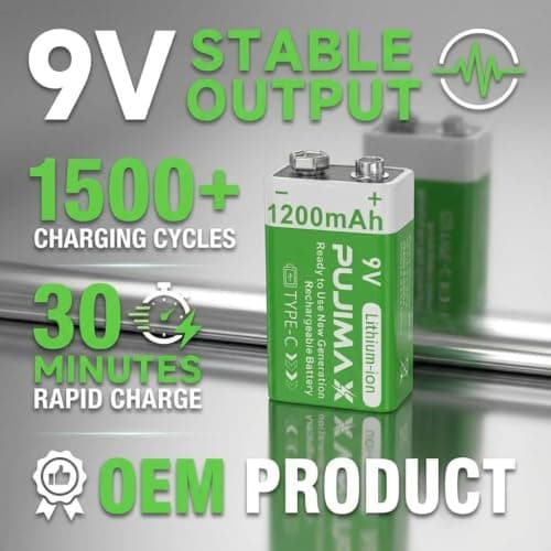 PUJIMAX® 9V Rechargeable Battery 1200mAh — High‑Capacity Lithium‑Ion with USB‑C Charger Cable, Long Life (1200+ Cycles), 10‑Year Shelf Life, Reliable 9V Output — 1‑Pack 4