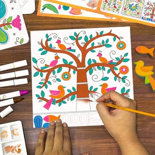 Imagimake DIY Madhubani Art Kit | Make 12 Paintings | Madhubani Painting & Colouring Kit Using Water Brush Pen & Stamps | Art & Craft Kit for Kids & Adults | Gift for Girls Age 8,9,10,11,12 4