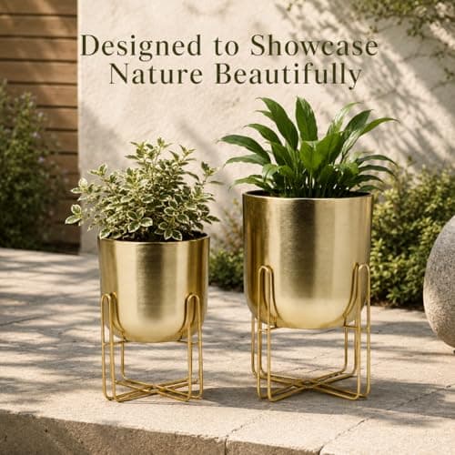 INDIAN DECORMART Golden Metal Planter with Stand | Elegant Metal Planters for Home Decor, Living Room, Garden & Balcony | Decorative Flower Pots & Plant Stands for Indoor and Outdoor Use (Set of 2) 4