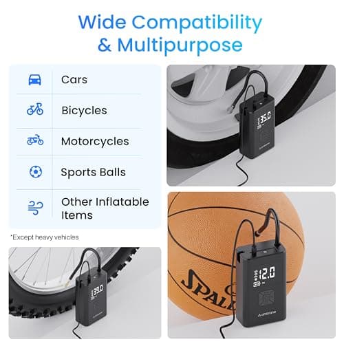 Ambrane Wired Tyre Inflator Air Pump for Cars with Digital Display & LED Light, 60W with up to 100 Psi, Portable Air Compressor, with Nozzles for Car, Bike, Motorcycle, Sports Ball (Turbo Lite Black) 5