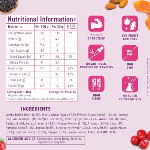 Bagrry’s Crunchy Fruit & Nut Muesli with 30% Real Fruits, Nuts & Seeds– 750G | 16 Real & Freeze Dried Fruits, Nuts, Seeds & Berries Muesli | No Candy | 38% High Fibre Oats, No Cornflakes | Fibre & Pro 4