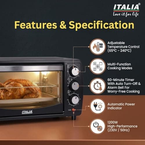 ITALIA Premium 12L Multi-Function OTG for Kitchen, 1200W Oven Toaster Griller, Bake Grill Toast, Oven for Baking, Adjustable Temperature & Timer, Black, Unique 3 Key Setup, 1 Year Warranty (Black) 3
