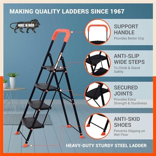 Bathla 4 Step Ascend Steel Ladder for Home Use | Large Platform (36 x 20.5 cm) | Wide Anti-Skid Steps | Safety Hand Grip | Heavy Duty Foldable | 120 kg Capacity | 2-Year Warranty | Orange & Black 3