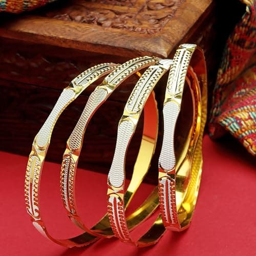 ZENEME Set Of 4 Gold & Silver Dual Toned Handcrafted Textured Bangles For Girls and Women (2.6) 3