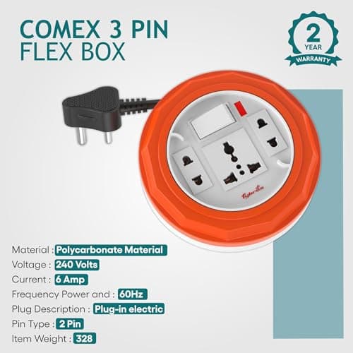 Fybros Comex 3 Pin Extension Cord, Extension Box, Power Strip with International Sockets Extension Board,6 AMP Output, 2 Year Warranty, 5 Meter Heavy Duty Cable, (Multicolor)- Made in India 5
