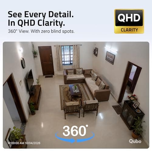 Qubo Smart Cam 360° Pro 4MP by Hero Group [2026 Edition]| STQC Certified | Color Night Vision | 360° Panoramic Monitoring |App Alerts | 2-Way Talk | AI Person Detection | Cloud & SD Card Support 3