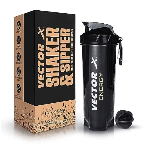 Vector X Plastic Gym Energy Shaker Bottle, Leakproof Guarantee Sipper Bottle Ideal for Protein, Preworkout and Bcaas, BPA-Free Material (Black, 600 Milliliters) (Black),600 ml
