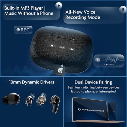 ACwO DwOTS Muze, in-Built MP3 Player, TF Card Support, Recording Mode, Real-Time Audio Monitoring, 10mm Drivers Bluetooth Earbuds, 45H Playtime, TWS Ear Buds Wireless Earphones with Mic (Black) 3