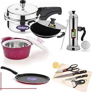 Blueberry'sFamily Combo Appachatty+2L Pressure Cooker+Puttu Maker+Hexon 2000ml+Tawa 26cm Induction Base+Knife Set,Made in India,Best for Gift
