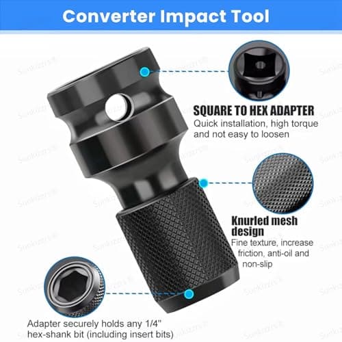 Sunkizzrs® 2-Set Rapid Release Converter—1/2" Square Drive to 1/4" Hex Female Socket Adapter—Quick Release Impact Bit Holder—Drill Chucks Adaptor Conversion for Impact Wrench included Ring & Rod 3
